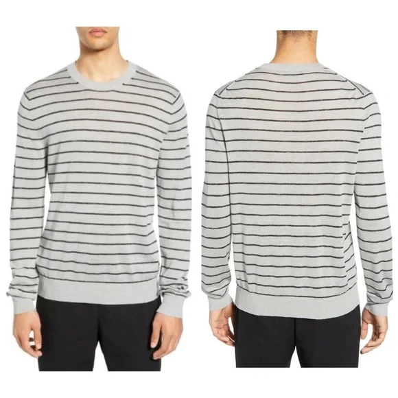 Vince Mens Stripe Crewneck Wool & Linen Sweater Medium Heather Grey Blue $225